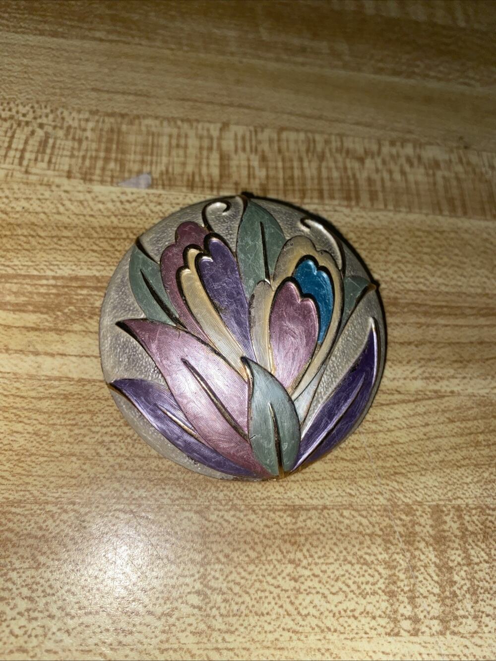 80s Vintage PARK LANE Round Pink Purple Enamel FLOWERS 2” Brooch Pendant